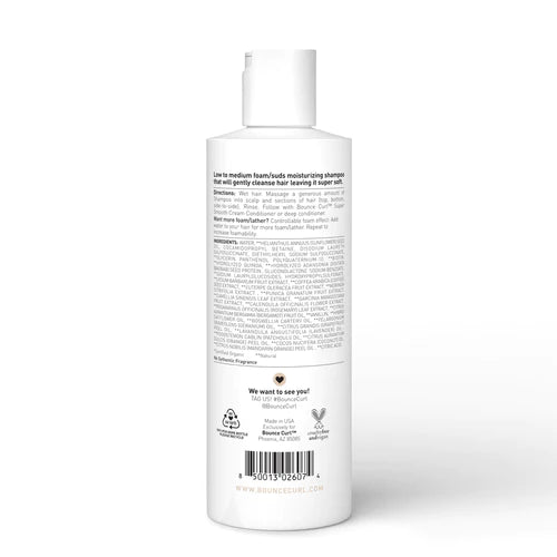 Achterzijde van Bounce Curl Pure Silk Moisturizing Shampoo, 238 ml met ingrediëntenlijst en gebruiksaanwijzing, CG-vriendelijk en sulfaatvrij.