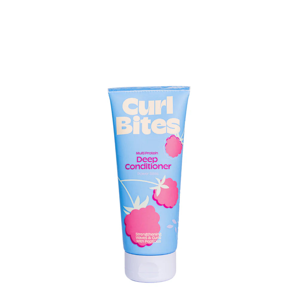 Curl Bites - Multi-Proteïn Deep Conditioner 200ml in blauwe tube met roze accenten, ideaal voor krulverzorging zonder siliconen.