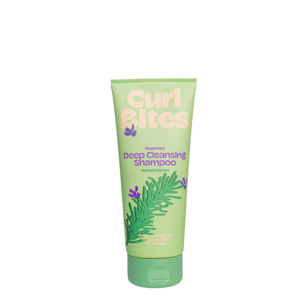 Curl Bites - Rosemary Deep Cleansing Shampoo 200ml in groene tube met paarse tekst, ideaal voor diepe reiniging van krullend haar zonder proteïne.