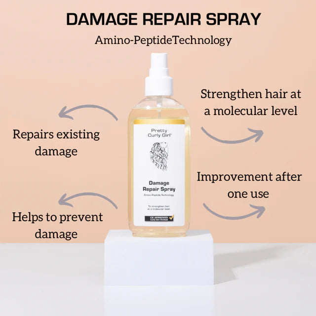 Uitleg over Pretty Curly Girl Damage Repair Spray met focus op haarherstel, schadepreventie en versterking op moleculair niveau.