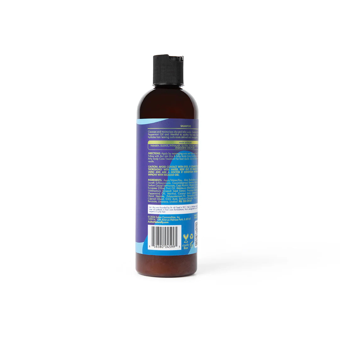 Achterzijde van de As i Am Dry & Itchy Shampoo fles met ingrediëntenlijst en productinformatie, 355ml voor haarverzorging.