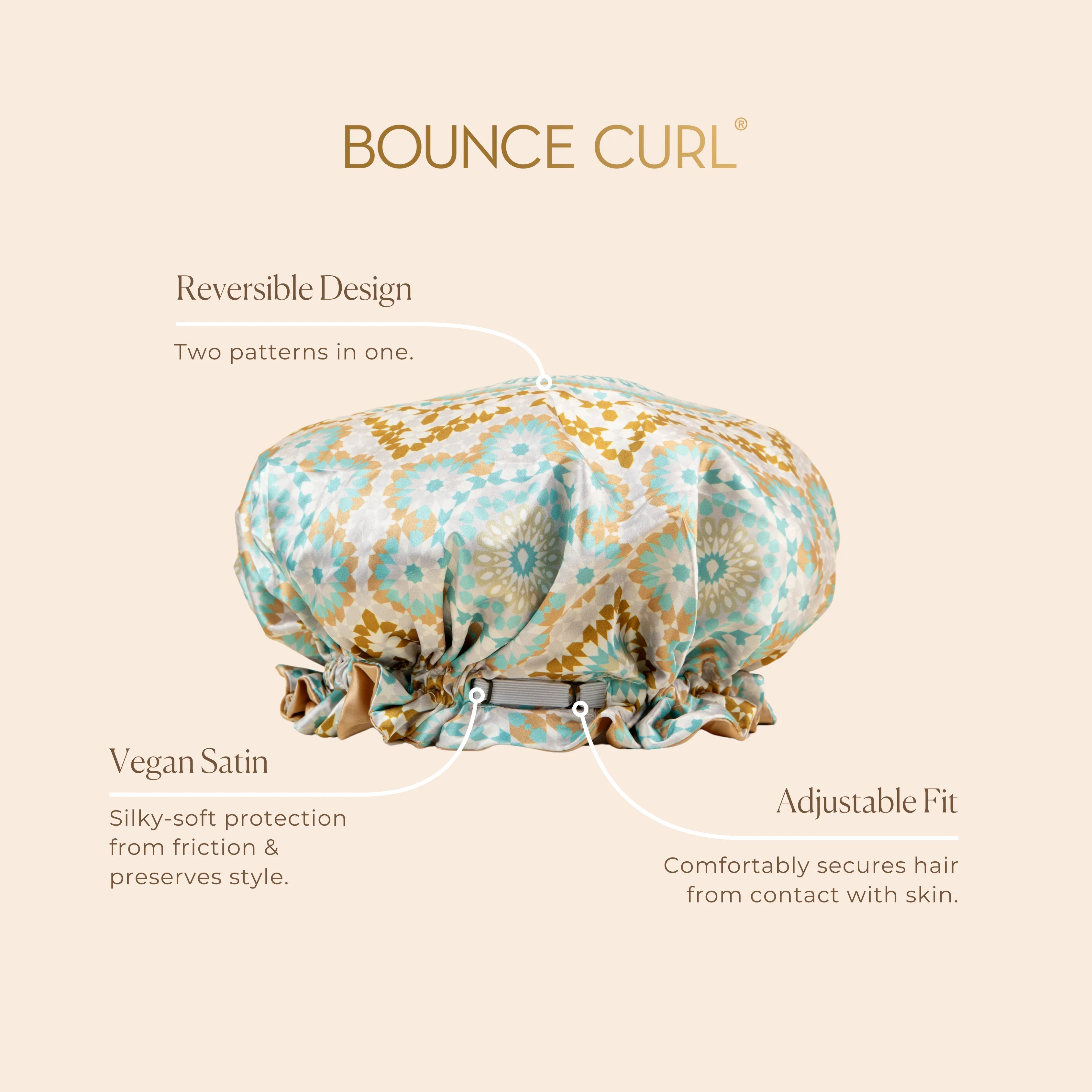 Bounce Curl Satijnen Bonnet met uitleg over omkeerbaar design, vegan satijn en verstelbare pasvorm voor krulvriendelijke haarverzorging.