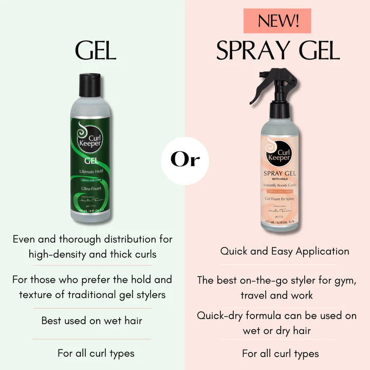 Vergelijking tussen Curl Keeper Gel en Spray Gel met focus op gebruiksgemak, haartype en toepassing op nat of droog haar.