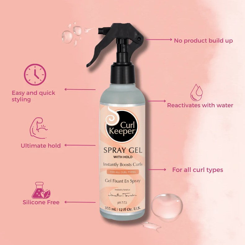 Curl Keeper Spray Gel met uitleg over voordelen zoals geen productopbouw, reactivering met water en geschikt voor alle krultypes.