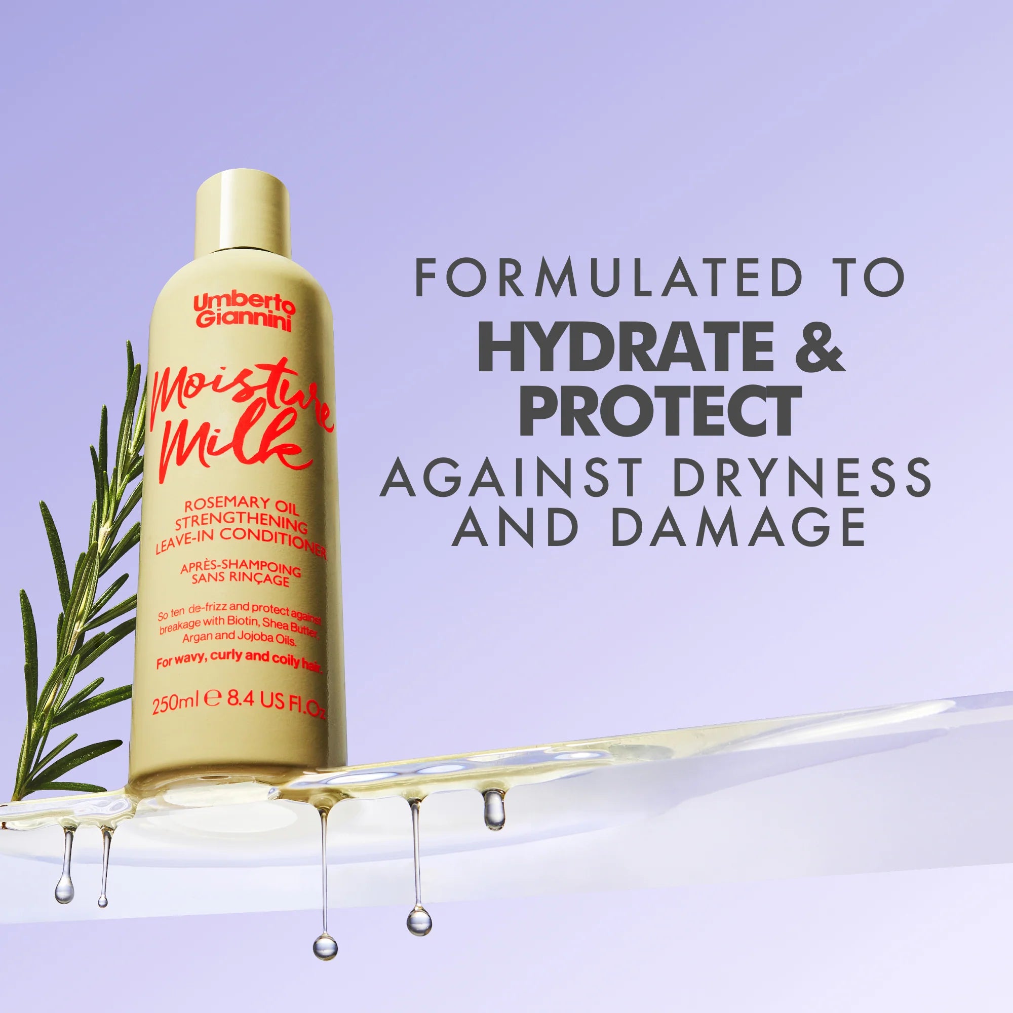 Umberto Giannini Strong Curls Rosemary oil conditioner met rozemarijn en olie, geformuleerd om droog en beschadigd haar te hydrateren en beschermen.