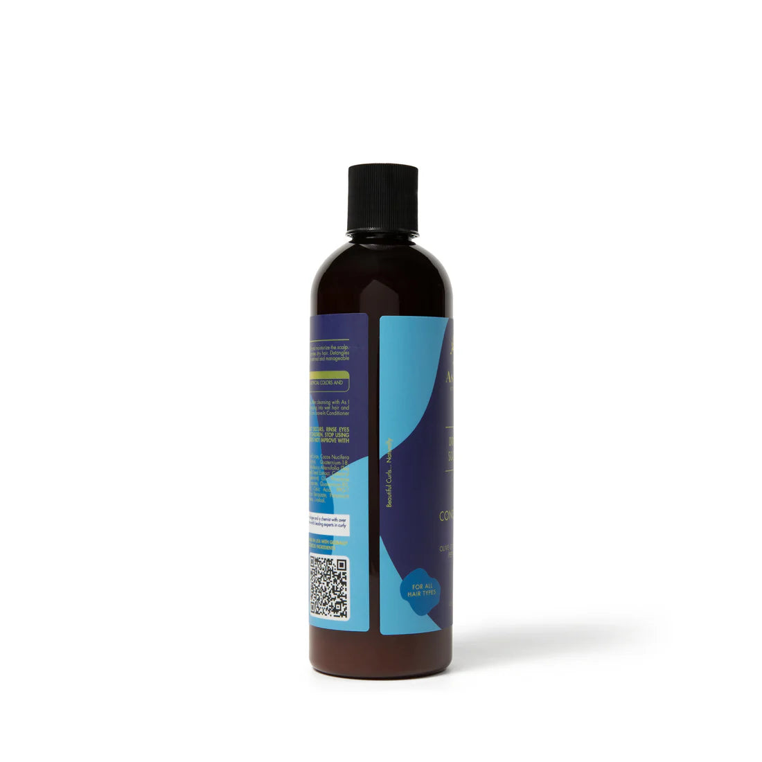 Zijaanzicht van de As i Am Dry & Itchy Olive & Tea Tree Oil Shampoo fles, 355ml, met zichtbare etiketten en QR-code.