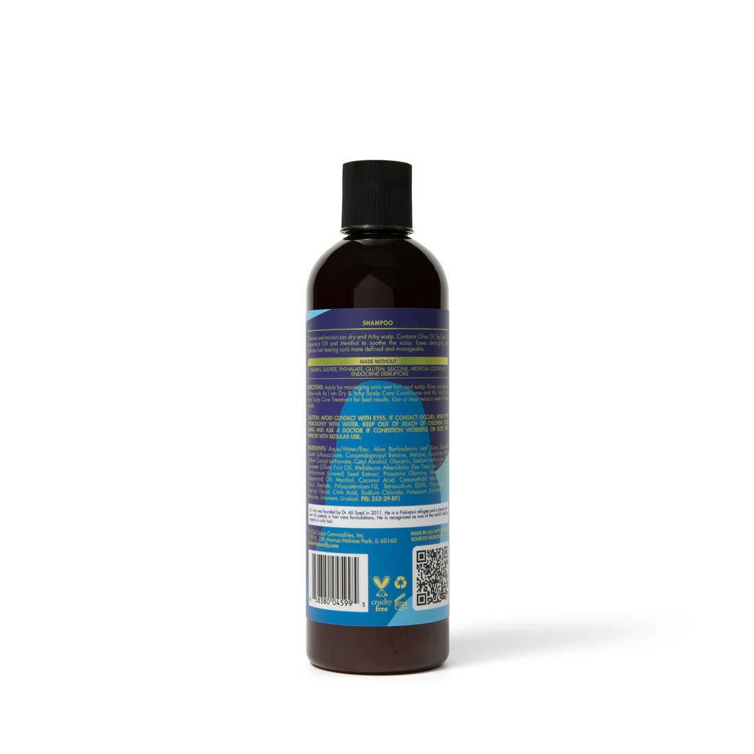 Detail van de achterkant van de As i Am Shampoo fles, 355ml, met ingrediënten en productdetails voor gevoelige hoofdhuid.