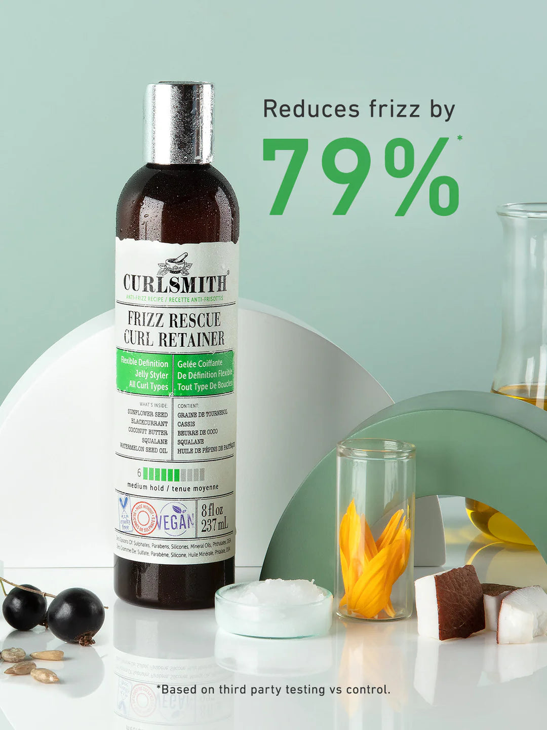 Curlsmith Frizz Rescue Curl Retainer styling gel met natuurlijke ingrediënten en claim van 79% minder pluis, CG-vriendelijk en vegan.