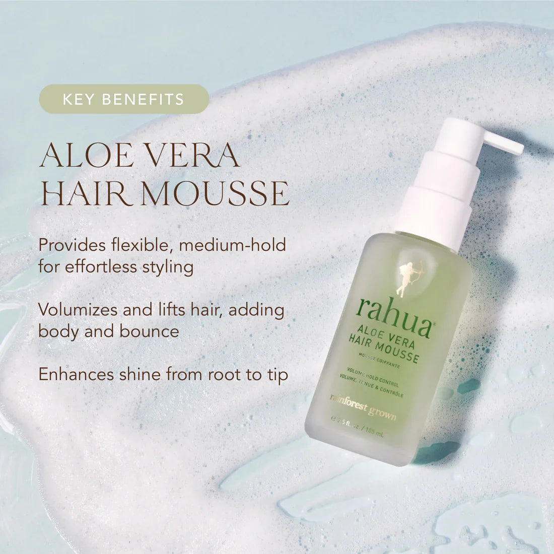 Voordelen van Rahua Aloë Vera Hair Mousse: volume, glans en medium hold voor moeiteloze styling, geschikt voor krullen en fijn haar.