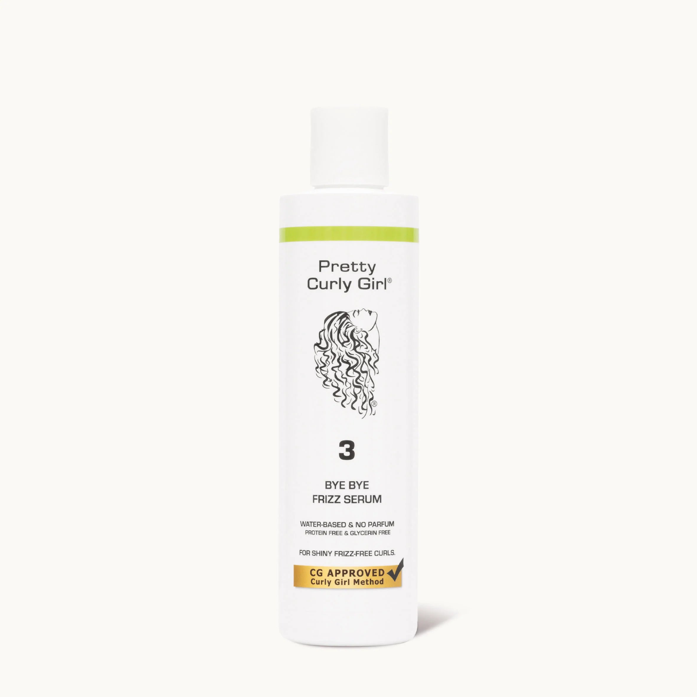 Pretty Curly Girl Bye Bye Frizz Serum 250ml in witte fles met CG Approved label, ideaal tegen pluis voor krullend haar zonder vettigheid.