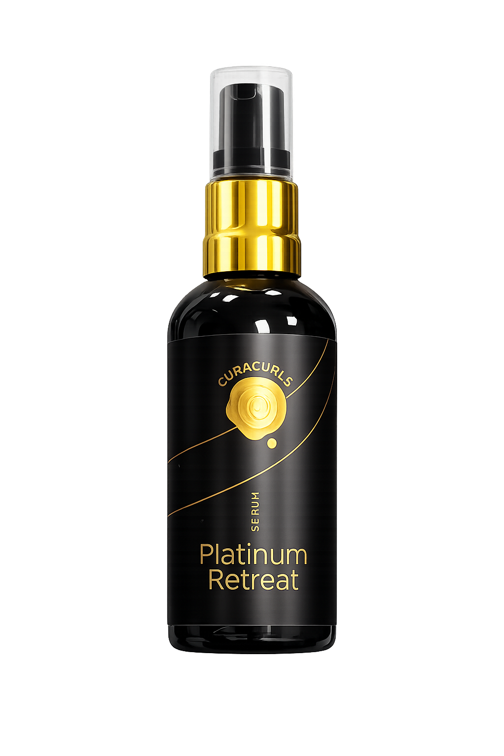CuraCurls Platinum Retreat Serum fles met zwarte luxe verpakking en gouden pomp tegen transparante achtergrond