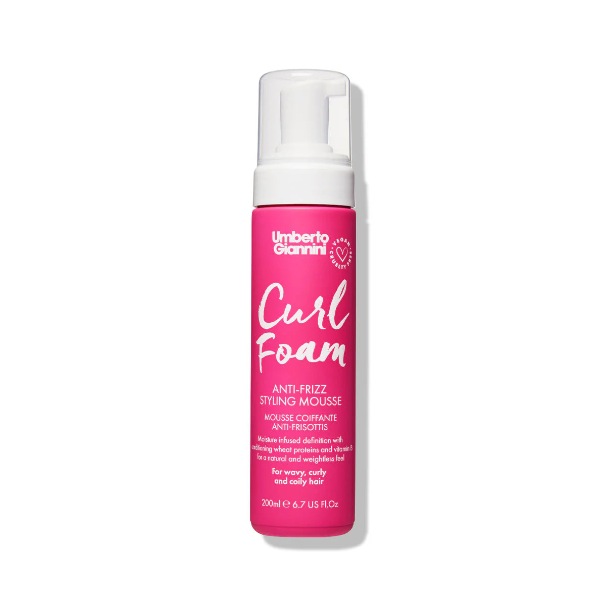 Umberto Giannini Curl Foam – Natuurlijke styling mousse voor krullen in roze fles van 200ml, geschikt voor pluisvrije en veerkrachtige krullen.