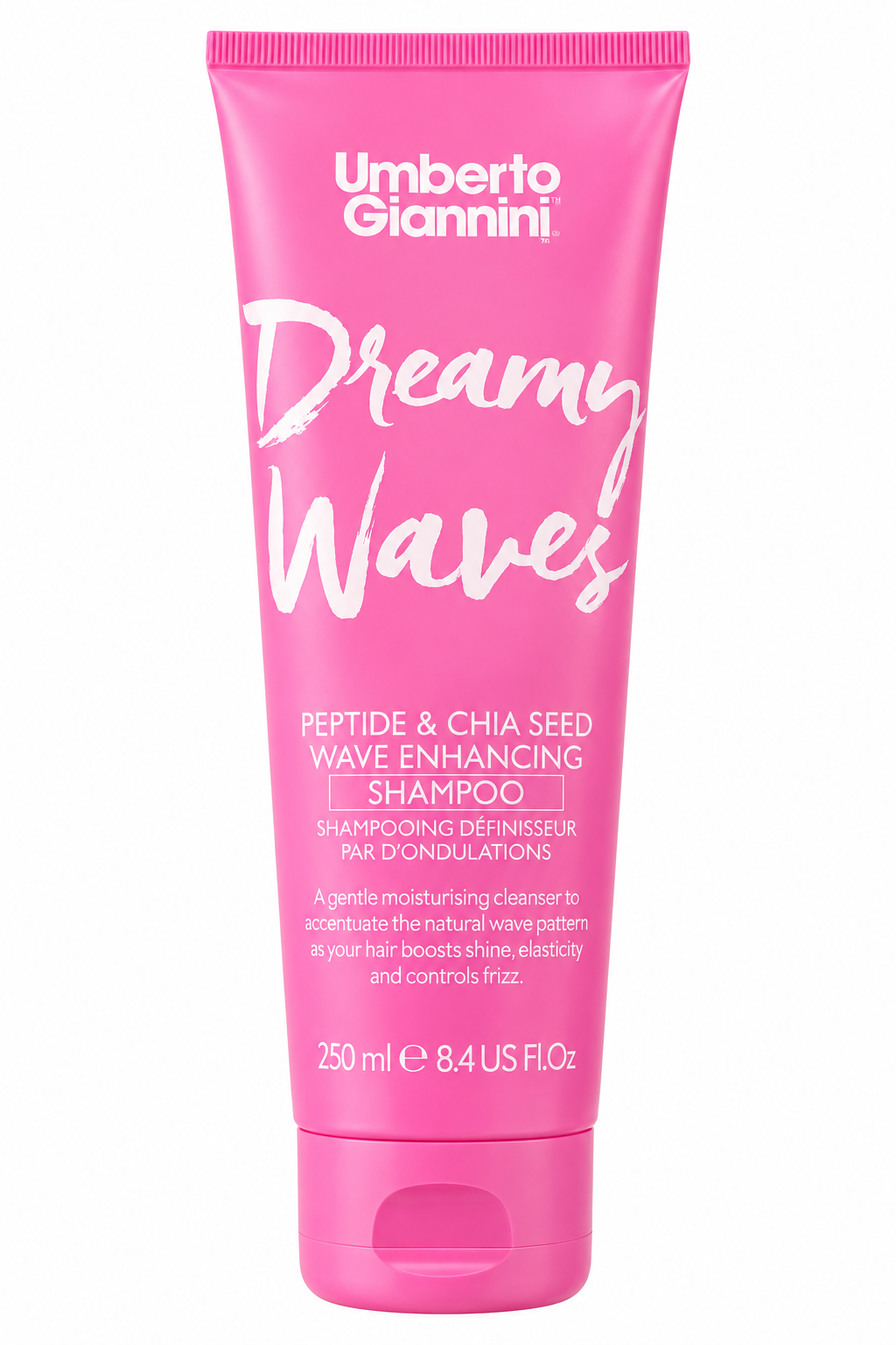 Roze tube van vooraf gezien, Dreamy Waves Shampoo met Peptide & Chia zaad.