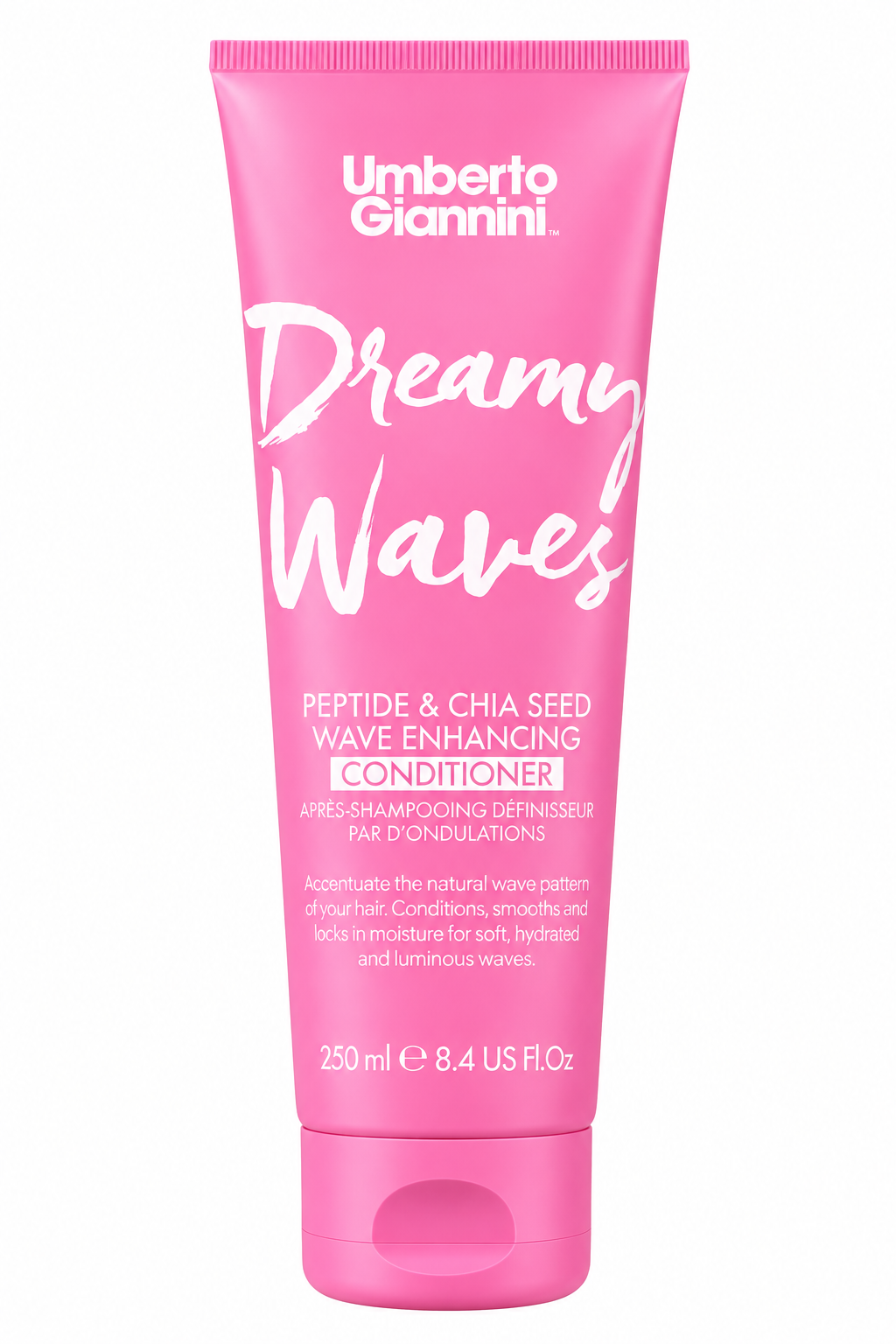 Umberto Giannini Dreamy Waves Peptide & Chia Seed Conditioner 250 ml voor golvend haar van vooraf gezien in een fel roze tube