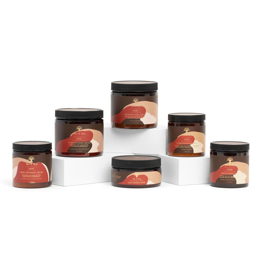 As I Am Smoothing Gel - 227gr gepresenteerd met andere CG-producten uit dezelfde lijn voor haarstyling en verzorging.