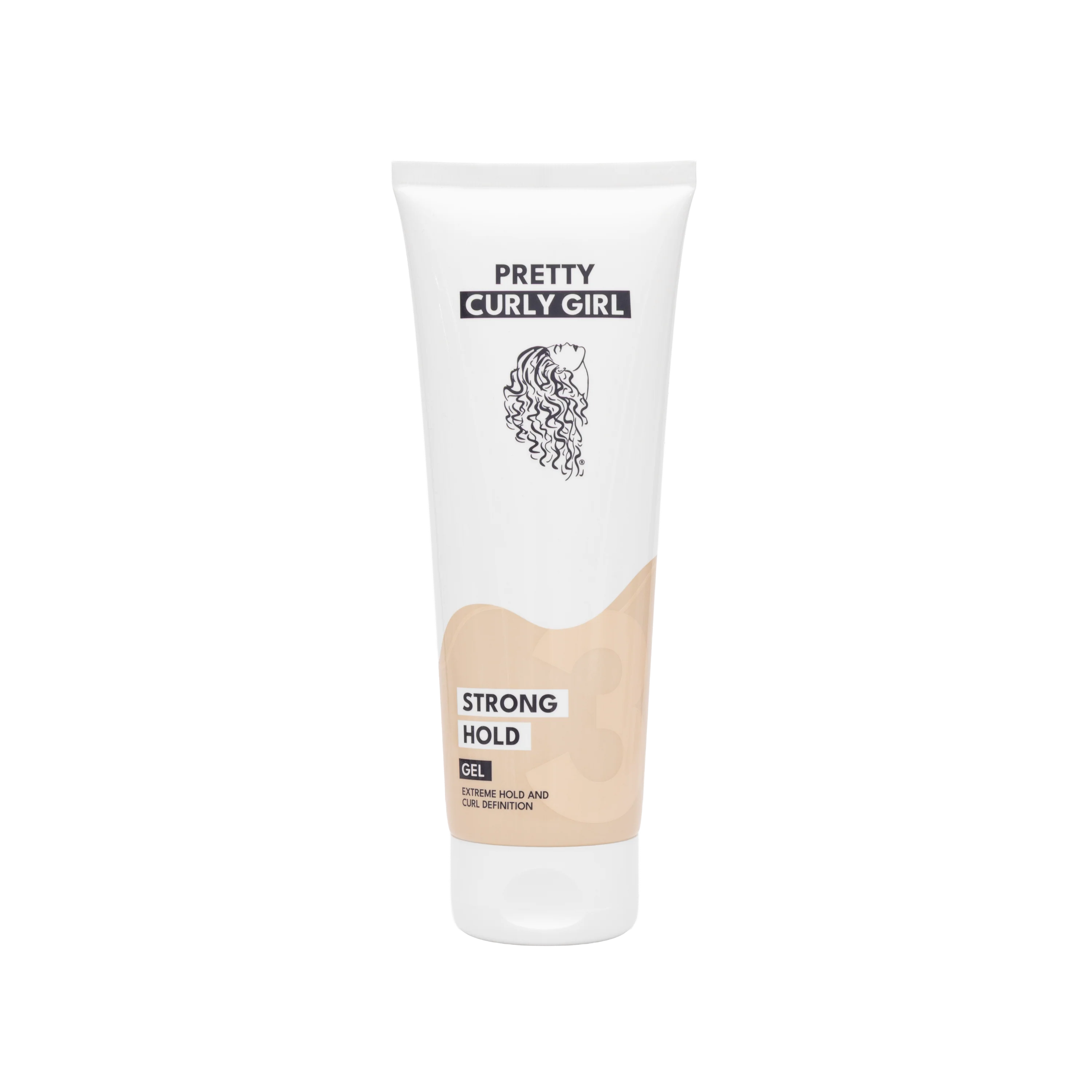 Pretty Curly Girl Strong Hold Gel in witte tube met zwarte opdruk, ideaal voor extreme hold van krullend haar. Styling gel met proteïne voor CG methode.
