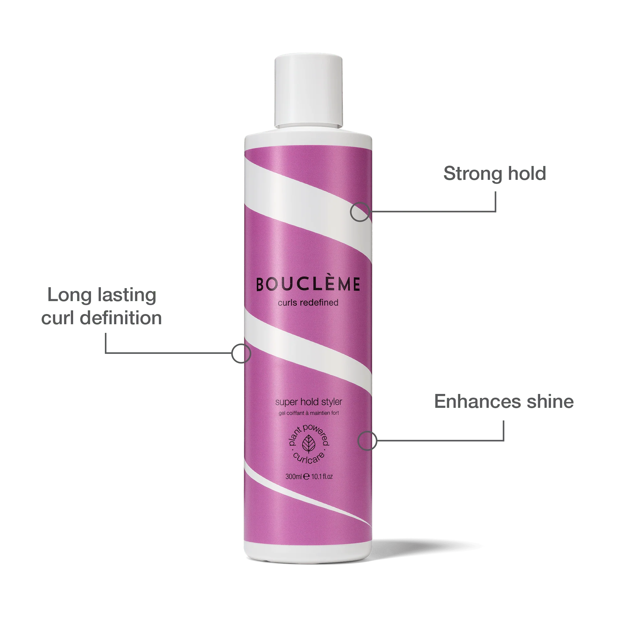 Bouclème Super Hold Styler, 250 ml styling gel met visuele kenmerken zoals sterke hold, glansversterking en langdurige kruldefinitie.