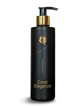 CuraCurls Coral Elegance Curl Shampoo in zwarte luxe fles met gouden pomp tegen transparante achtergrond