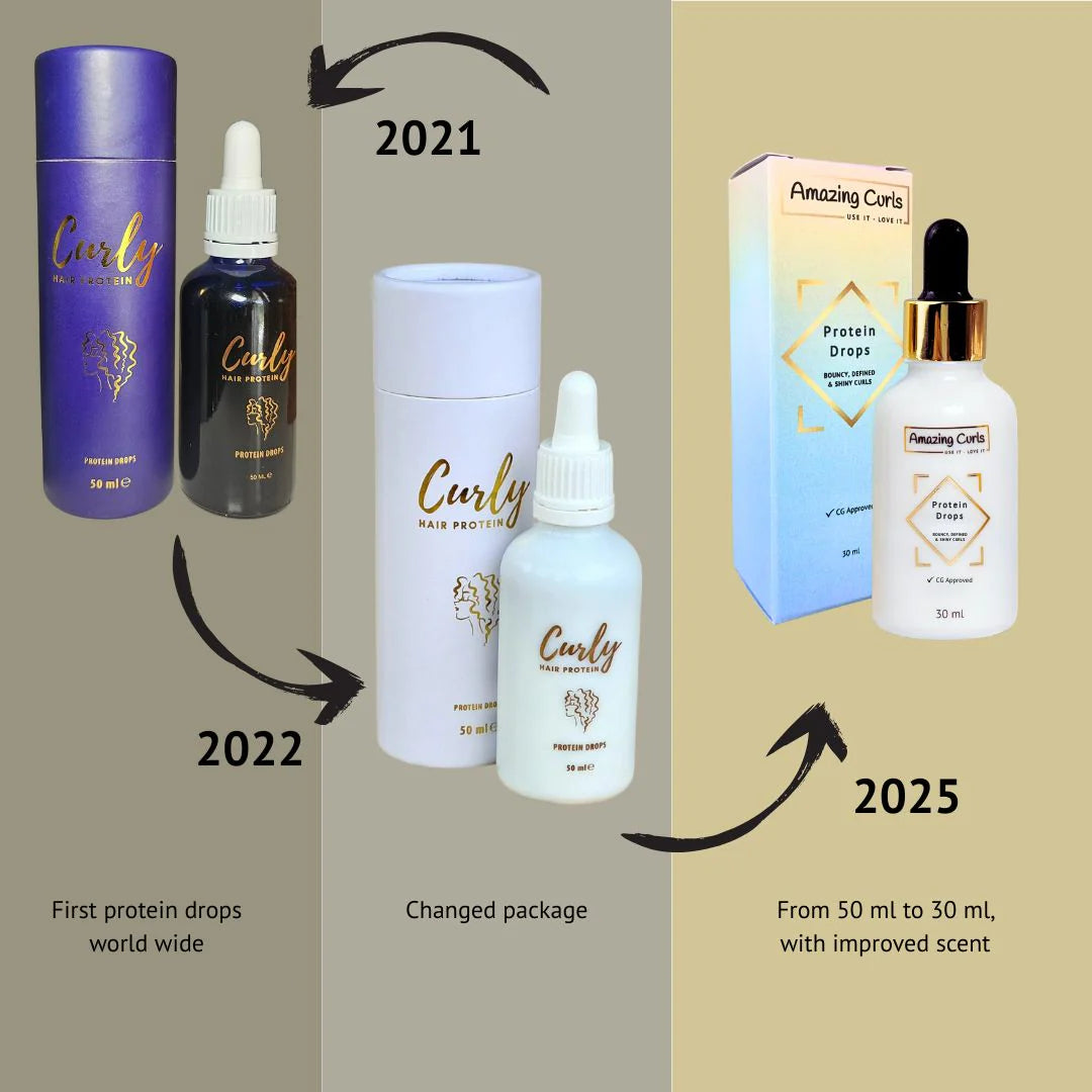 Evolutie van Curly Hair Protein, Proteine Druppels van 2021 tot 2025, met nieuwe verpakking en verbeterde formule in 30 ml formaat.